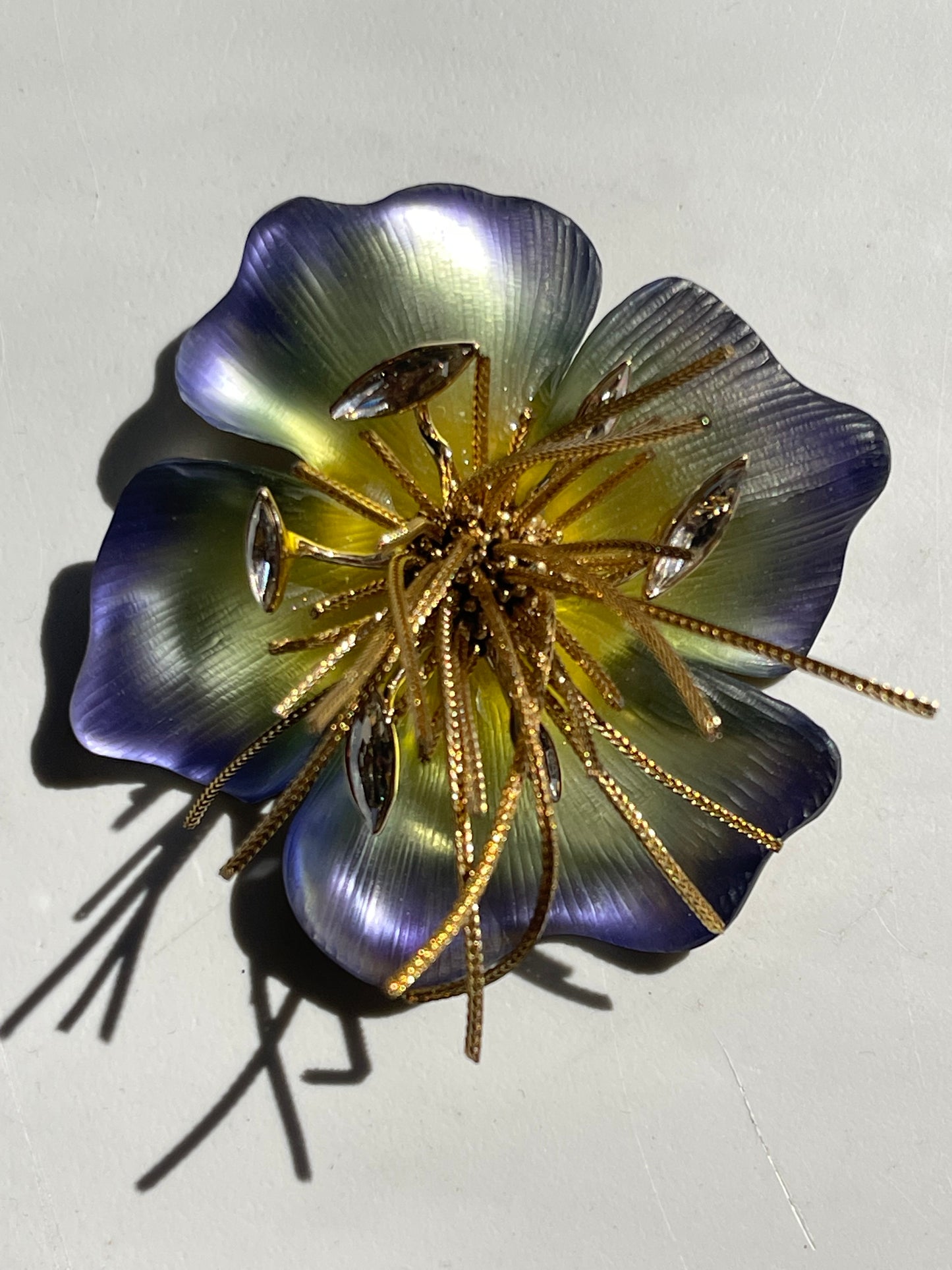 Handmade Alexis Bittar bluegreen Flower Brooch Lucite Gold Swarovski crystal pin