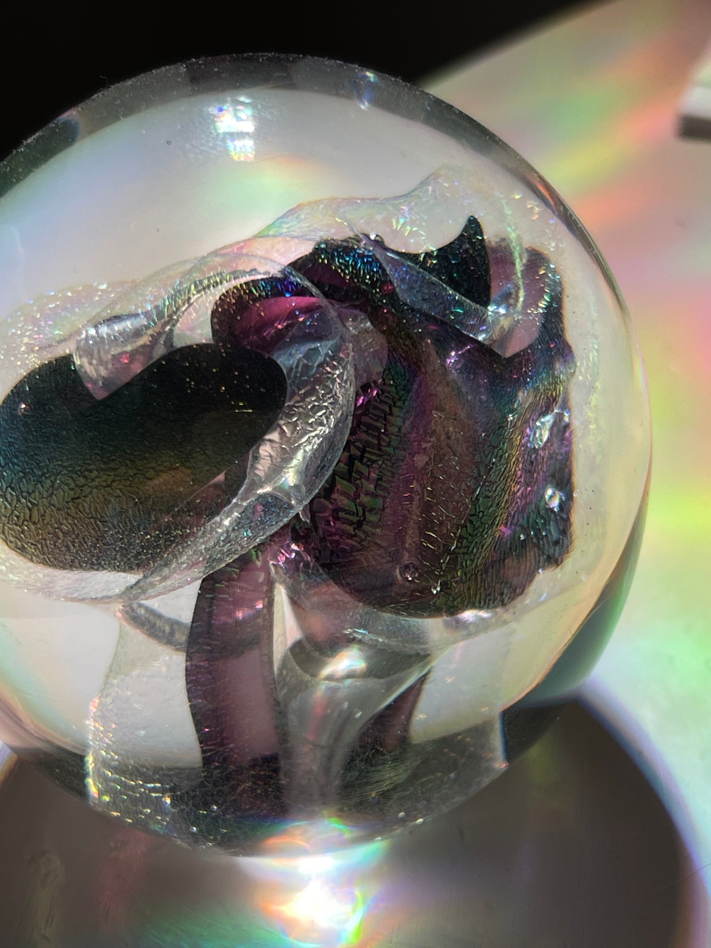 R.W. STEPHEN 1987 SWIRLED RAINBOW PURPLE & CRYSTAL GLASS PAPERWEIGHT lots more