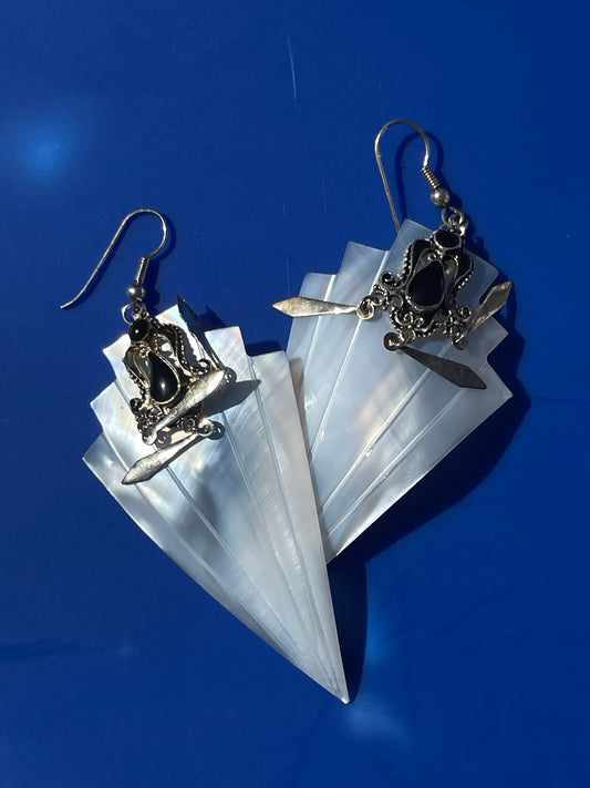 Vintage Antique Mother of Pearl MOP Shell  Hook Earring Set Sterling Silver Onyx