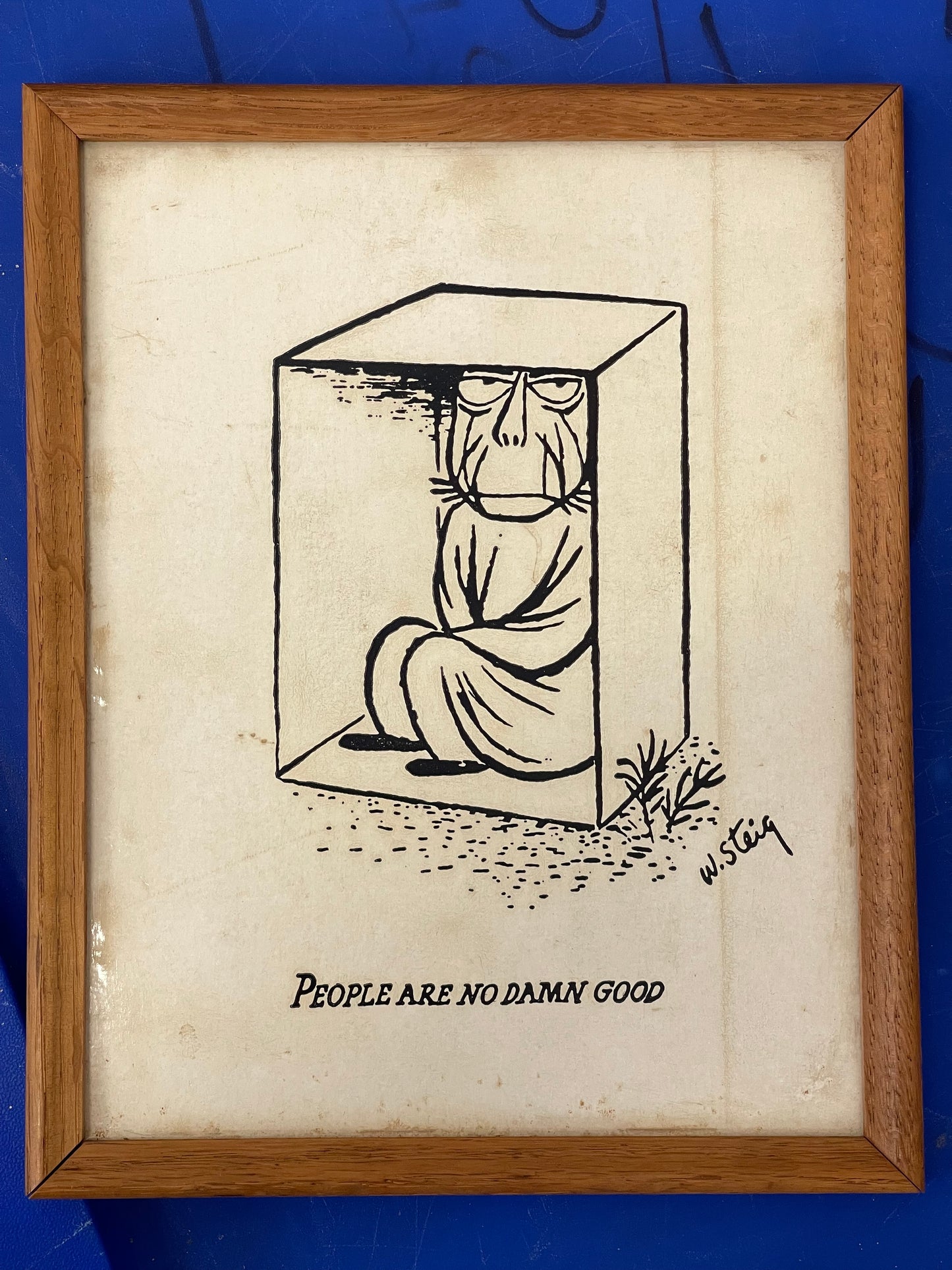 Vintage framed 1950s 1960s Cartoonist William Steig & Bernad Creations (Mid Century Modern company from Yonkers NYC) People Are No Damn Good Cartoon